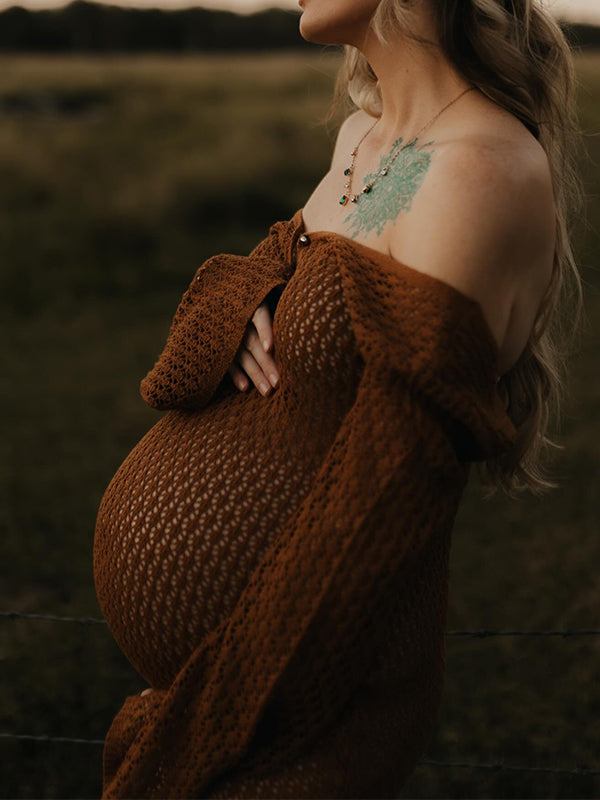 Coffee Color V-Neck Knitting Cut Out Beach Vacation Photoshoot Maternity Maxi Dress