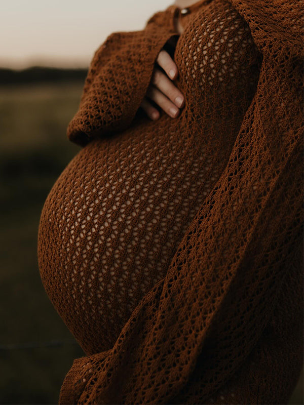 Coffee Color V-Neck Knitting Cut Out Beach Vacation Photoshoot Maternity Maxi Dress