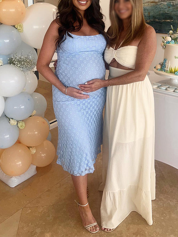 Blue Spaghetti Strap Bodycon Mermaid Backless Baby Shower Maternity Maxi Dress