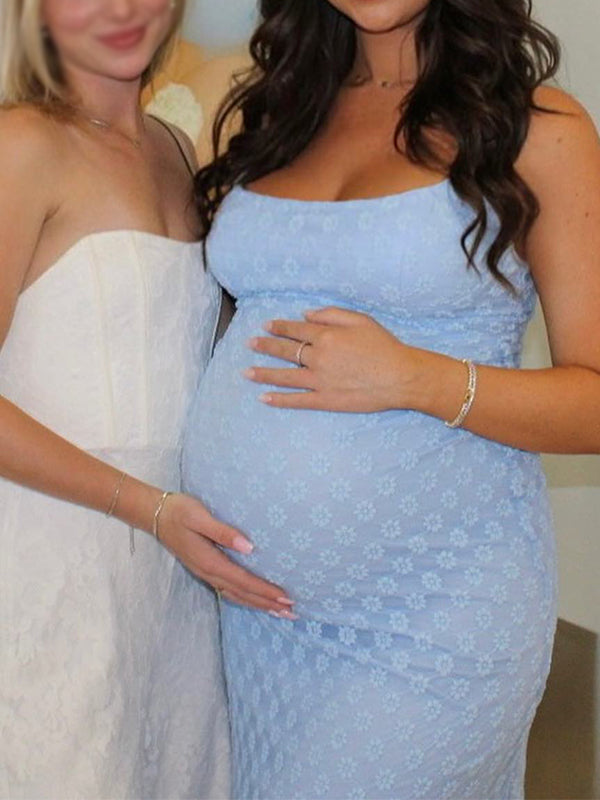 Blue Spaghetti Strap Bodycon Mermaid Backless Baby Shower Maternity Maxi Dress