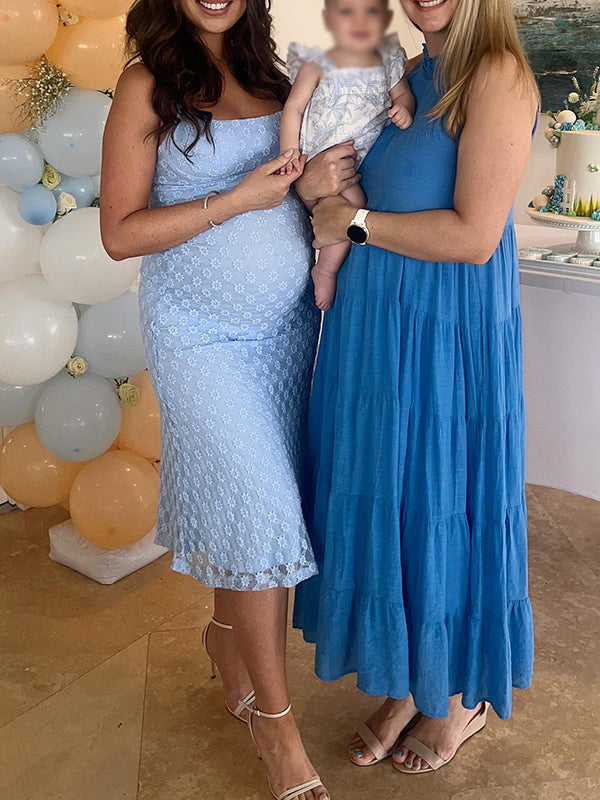 Blue Spaghetti Strap Bodycon Mermaid Backless Baby Shower Maternity Maxi Dress