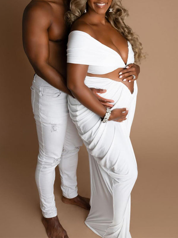 White 2-in-1 Off Shoulder Ruched V-neck Bodycon Photoshoot Babyshower Maternity Maxi Dress
