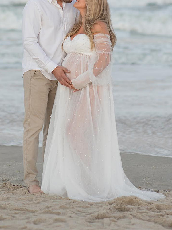 Pearl Off Shoulder Front Open Slit Sheer Elegant Photoshoot Maternity Maxi Dress