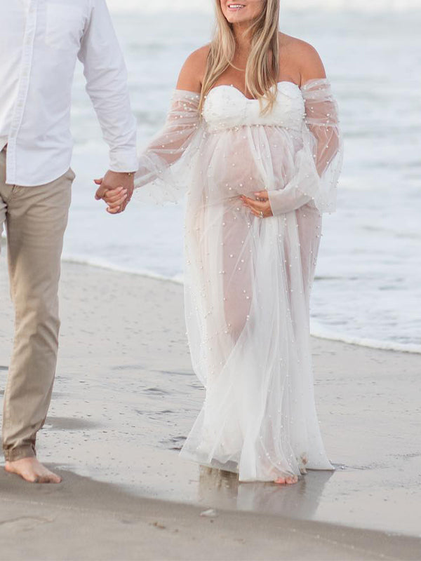 Pearl Off Shoulder Front Open Slit Sheer Elegant Photoshoot Maternity Maxi Dress