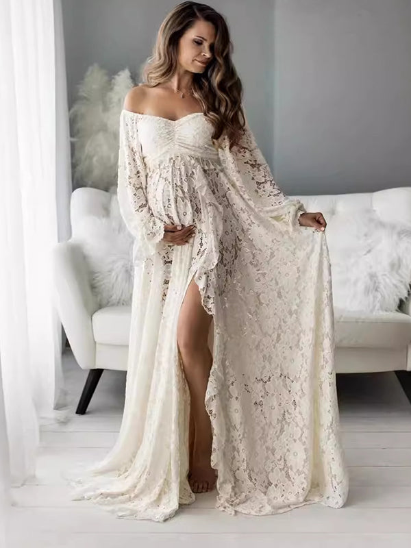 Boho Lace Off Shoulder Lace Tassel Crop 2-in-1 Side Slit Ruffle Photoshoot Maternity Maxi Dress