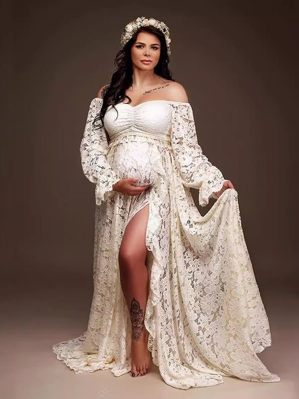 Boho Lace Off Shoulder Lace Tassel Crop 2-in-1 Side Slit Ruffle Photoshoot Maternity Maxi Dress