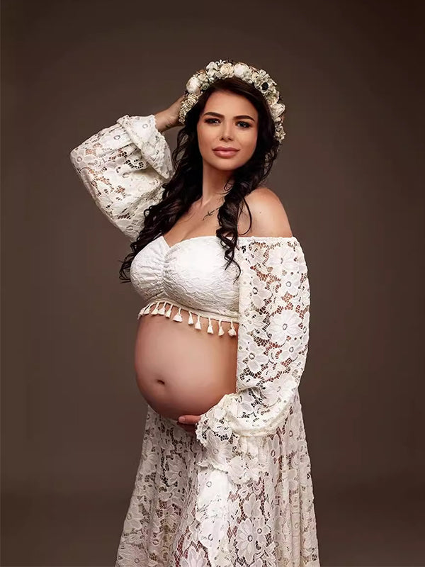 Boho Lace Off Shoulder Lace Tassel Crop 2-in-1 Side Slit Ruffle Photoshoot Maternity Maxi Dress