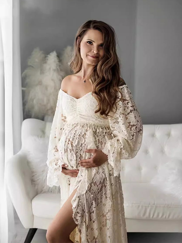Boho Lace Off Shoulder Lace Tassel Crop 2-in-1 Side Slit Ruffle Photoshoot Maternity Maxi Dress