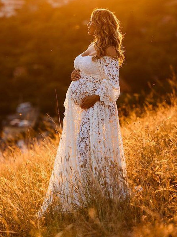 Boho Lace Off Shoulder Lace Tassel Crop 2-in-1 Side Slit Ruffle Photoshoot Maternity Maxi Dress