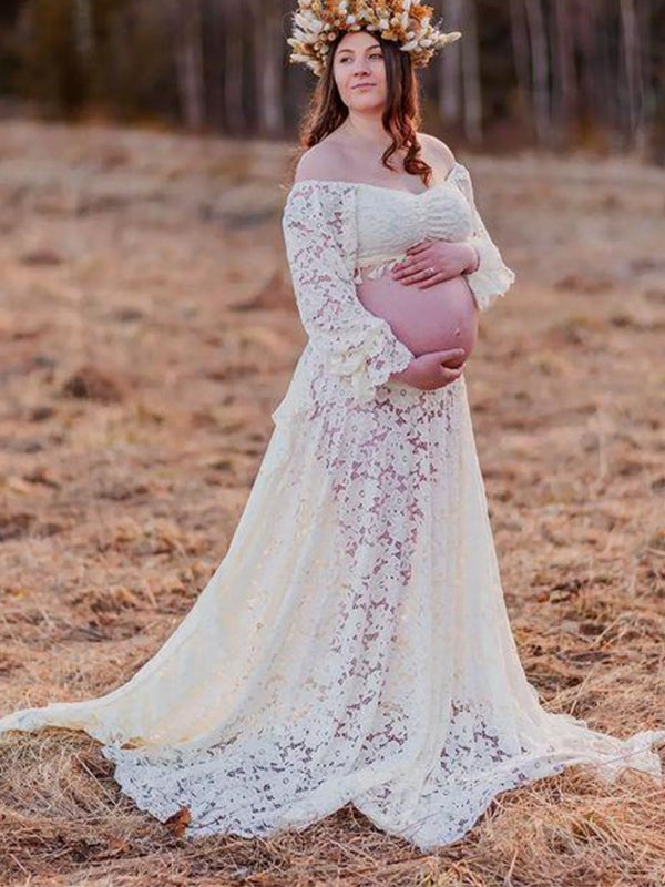 Boho Lace Off Shoulder Lace Tassel Crop 2-in-1 Side Slit Ruffle Photoshoot Maternity Maxi Dress