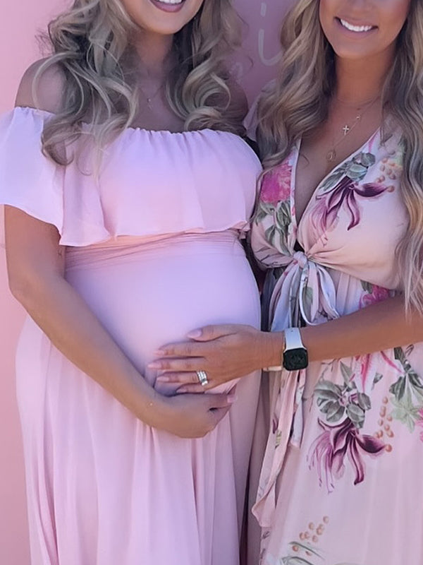 Flowy Chiffon Off Shoulder Ruffle Falbala Side Slit Big Swing Elegant Evening Gown Maternity Photoshoot Baby Shower Maxi Dress