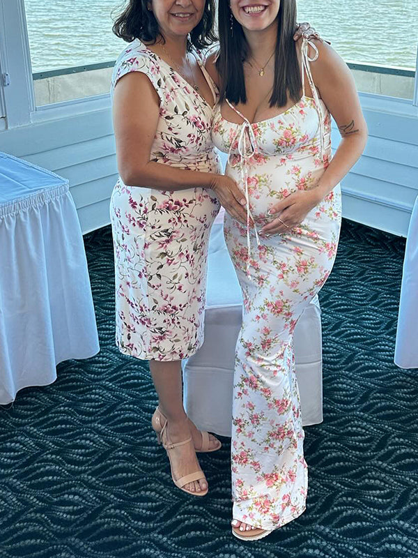 Floral Multi Way Lace-up Ruched Sling Bodycon Cami Chic Going Out Party Boho Maternity Photoshoot Baby Shower Maxi Dress