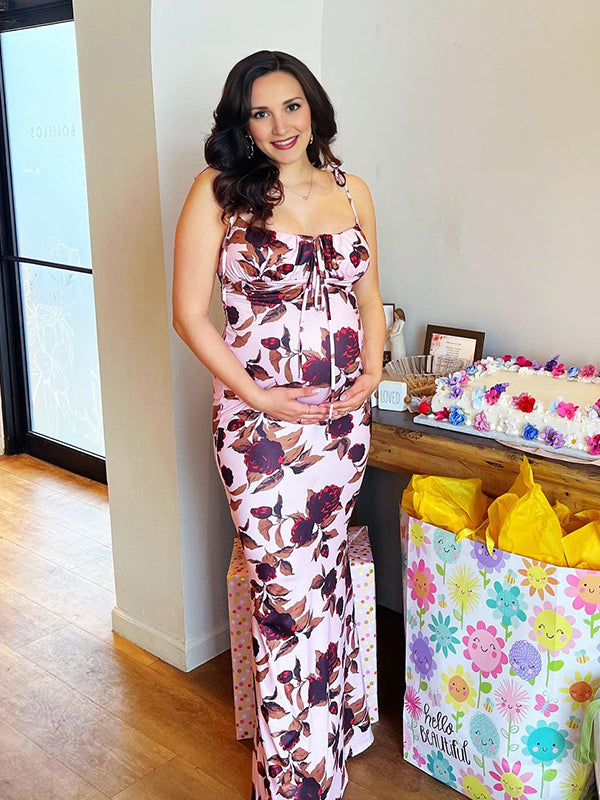 Floral Multi Way Lace-up Ruched Sling Bodycon Cami Chic Going Out Party Boho Maternity Photoshoot Baby Shower Maxi Dress