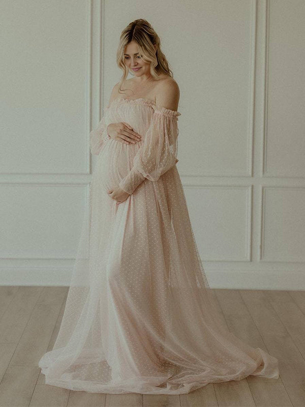Off Shoulder Tulle Polka Dot Elegant Photoshoot Baby Shower Maternity Maxi Dress