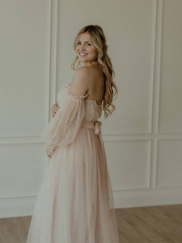 Off Shoulder Tulle Polka Dot Elegant Photoshoot Baby Shower Maternity Maxi Dress
