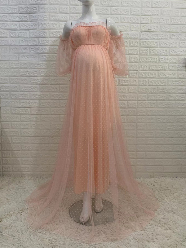Off Shoulder Tulle Polka Dot Elegant Photoshoot Baby Shower Maternity Maxi Dress