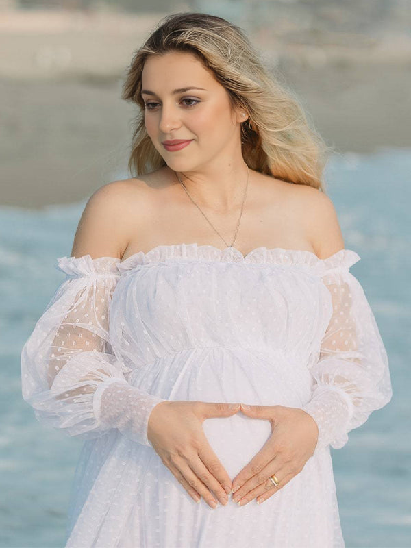 Off Shoulder Tulle Polka Dot Elegant Photoshoot Baby Shower Maternity Maxi Dress