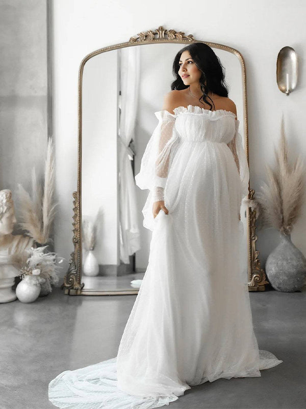 Off Shoulder Tulle Polka Dot Elegant Photoshoot Baby Shower Maternity Maxi Dress
