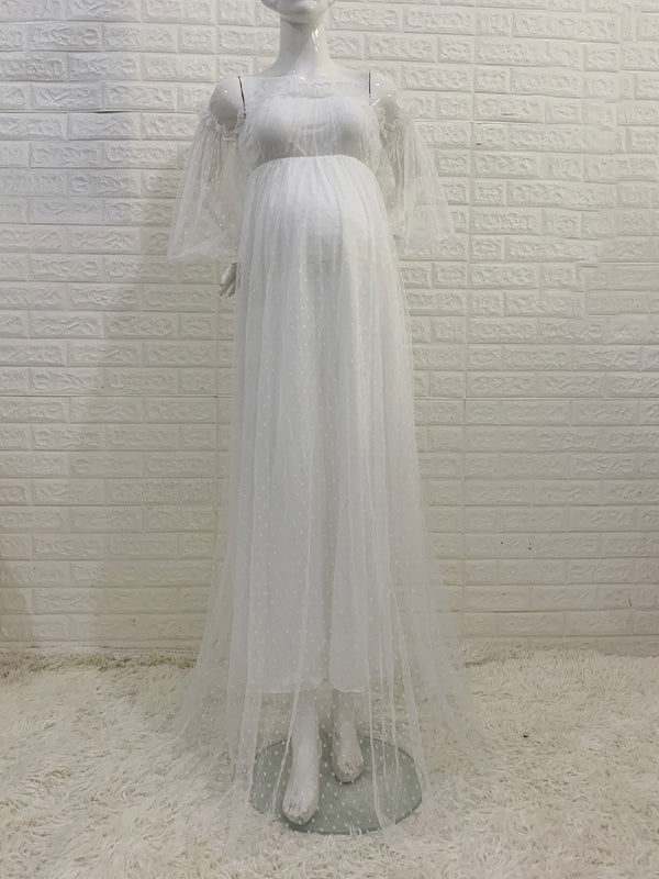 Off Shoulder Tulle Polka Dot Elegant Photoshoot Baby Shower Maternity Maxi Dress