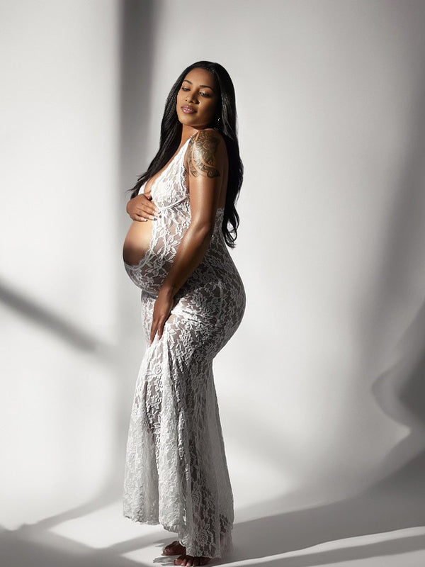 White Lace Cut Out Backless Mermaid Sheer Elegant Photoshoot Maternity Maxi Dress