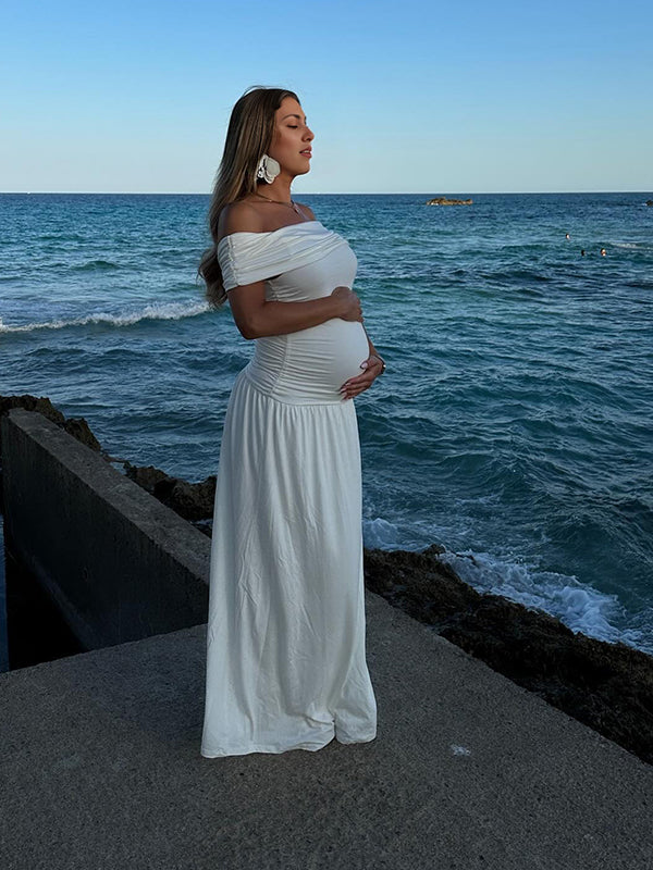 White Off Shoulder Backless Bandeau Elegant High Waist Cap Sleeve Photoshoot Maternity Maxi Dress