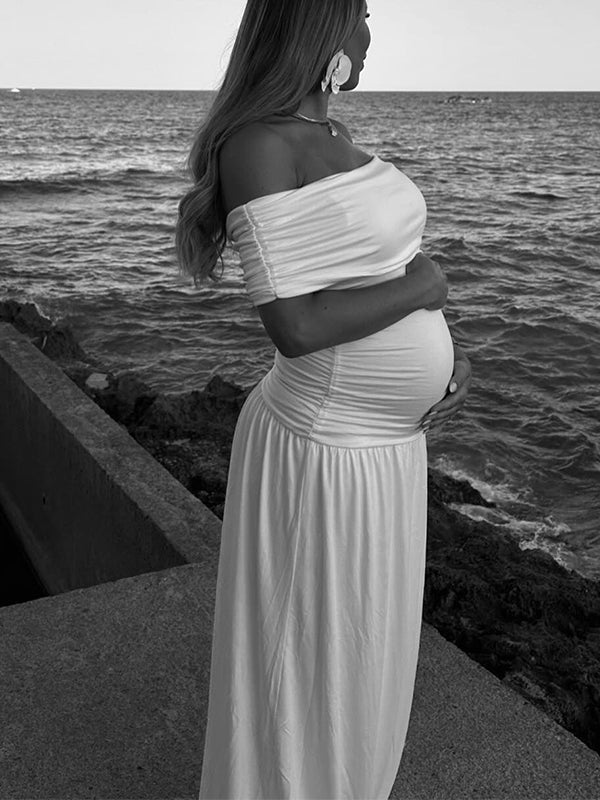 White Off Shoulder Backless Bandeau Elegant High Waist Cap Sleeve Photoshoot Maternity Maxi Dress