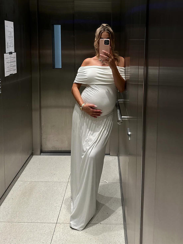 White Off Shoulder Backless Bandeau Elegant High Waist Cap Sleeve Photoshoot Maternity Maxi Dress