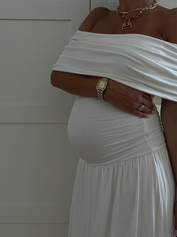 White Off Shoulder Backless Bandeau Elegant High Waist Cap Sleeve Photoshoot Maternity Maxi Dress