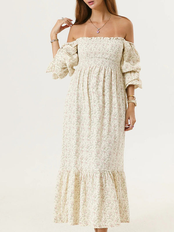 White Ruffle Ruched High Waist Puff Sleeve Cute Photoshoot Maternity Maxi Dress