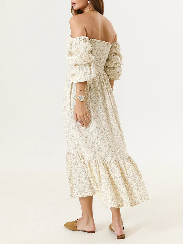 White Ruffle Ruched High Waist Puff Sleeve Cute Photoshoot Maternity Maxi Dress