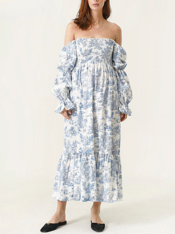 White Ruffle Ruched High Waist Puff Sleeve Cute Photoshoot Maternity Maxi Dress