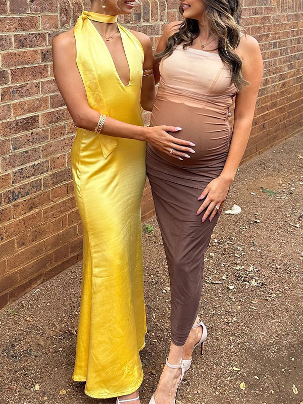 Brown Gradient Color Ruched Grenadine Bodycon Fashion Daily Baby Shower Maternity Maxi Dress