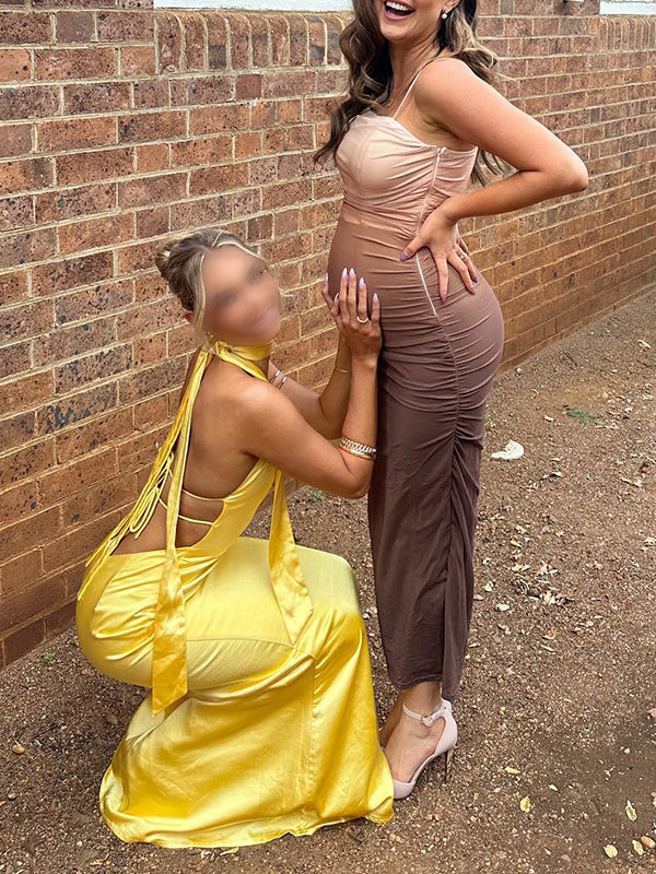 Brown Gradient Color Ruched Grenadine Bodycon Fashion Daily Baby Shower Maternity Maxi Dress