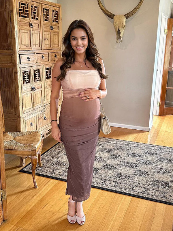 Brown Gradient Color Ruched Grenadine Bodycon Fashion Daily Baby Shower Maternity Maxi Dress