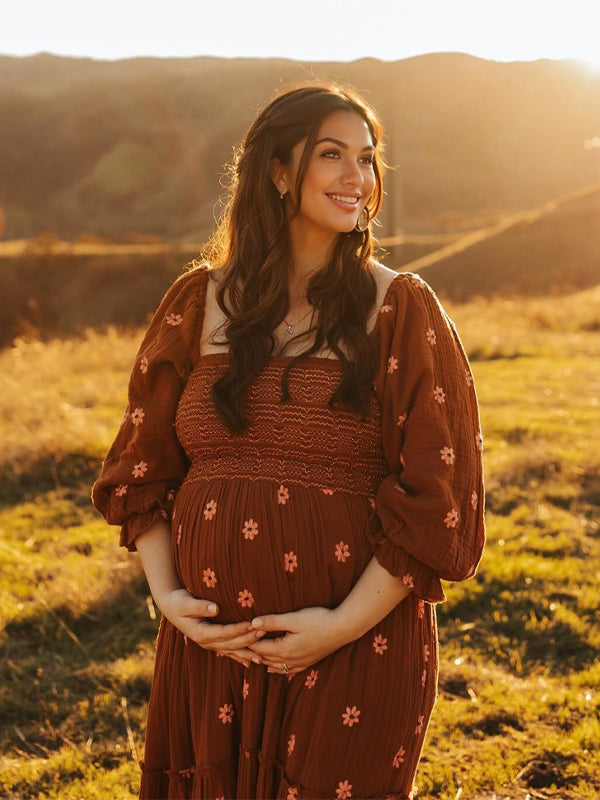 Sun Flowers Square Smocked Neck Puff Sleeve Big Swing Flowy Baby Shower Photoshoot Maternity Maxi Dress