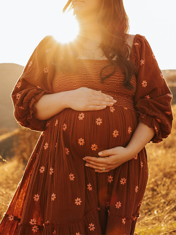 Sun Flowers Square Smocked Neck Puff Sleeve Big Swing Flowy Baby Shower Photoshoot Maternity Maxi Dress