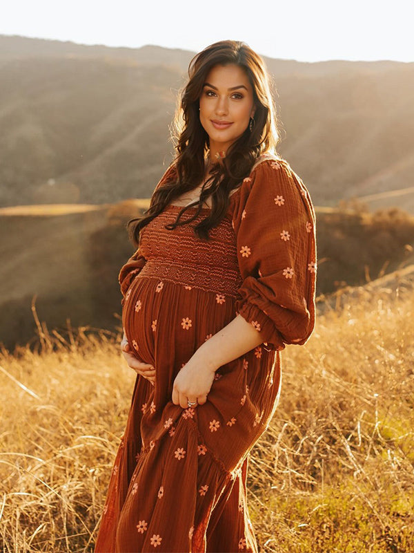 Sun Flowers Square Smocked Neck Puff Sleeve Big Swing Flowy Baby Shower Photoshoot Maternity Maxi Dress