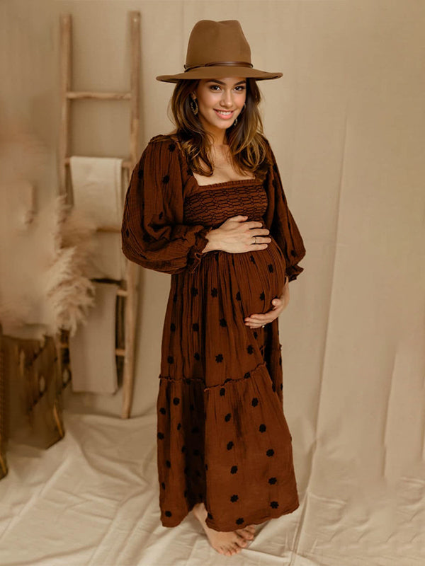 Sun Flowers Square Smocked Neck Puff Sleeve Big Swing Flowy Baby Shower Photoshoot Maternity Maxi Dress