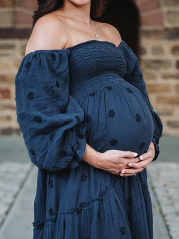 Sun Flowers Square Smocked Neck Puff Sleeve Big Swing Flowy Baby Shower Photoshoot Maternity Maxi Dress