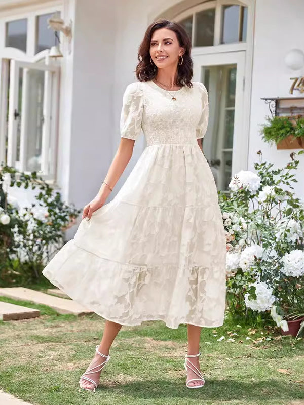 Lace Smocked Flowers Puff Sleeve Flowy Big Swing Elegant Photoshoot Cute Baby Shower Maternity Maxi Dress
