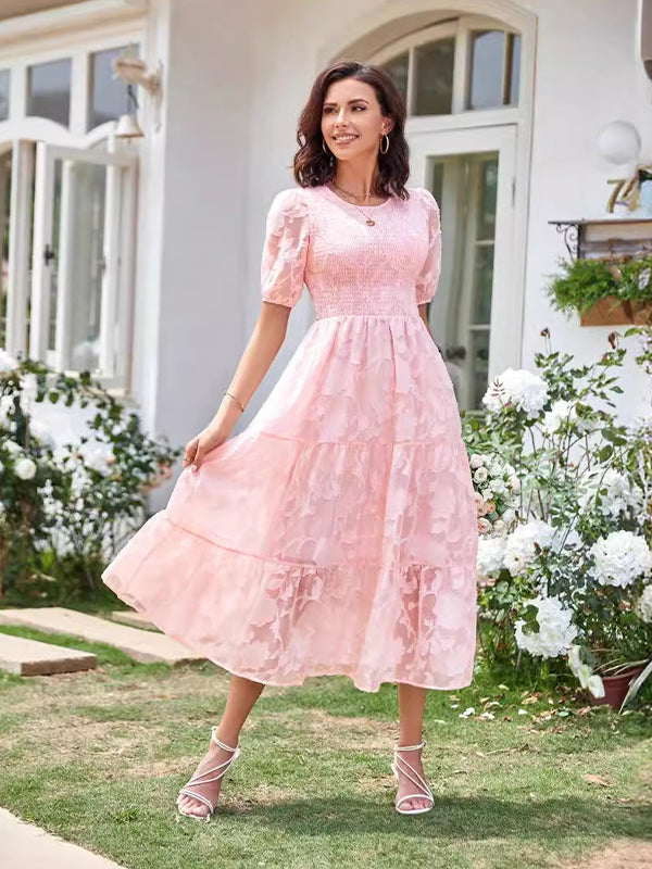 Lace Smocked Flowers Puff Sleeve Flowy Big Swing Elegant Photoshoot Cute Baby Shower Maternity Maxi Dress