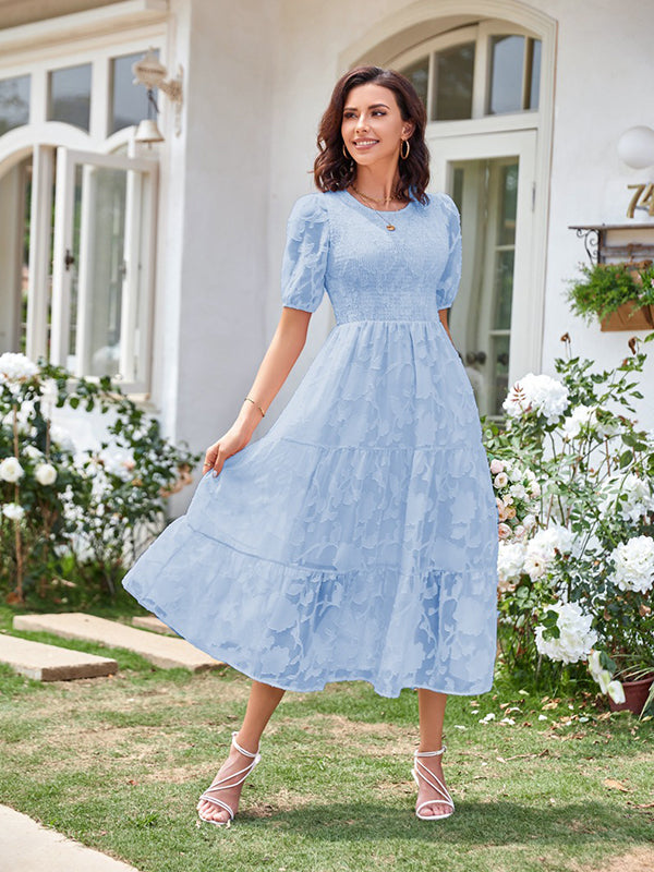 Lace Smocked Flowers Puff Sleeve Flowy Big Swing Elegant Photoshoot Cute Baby Shower Maternity Maxi Dress