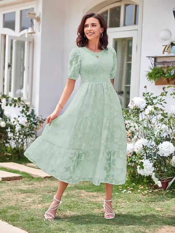 Lace Smocked Flowers Puff Sleeve Flowy Big Swing Elegant Photoshoot Cute Baby Shower Maternity Maxi Dress