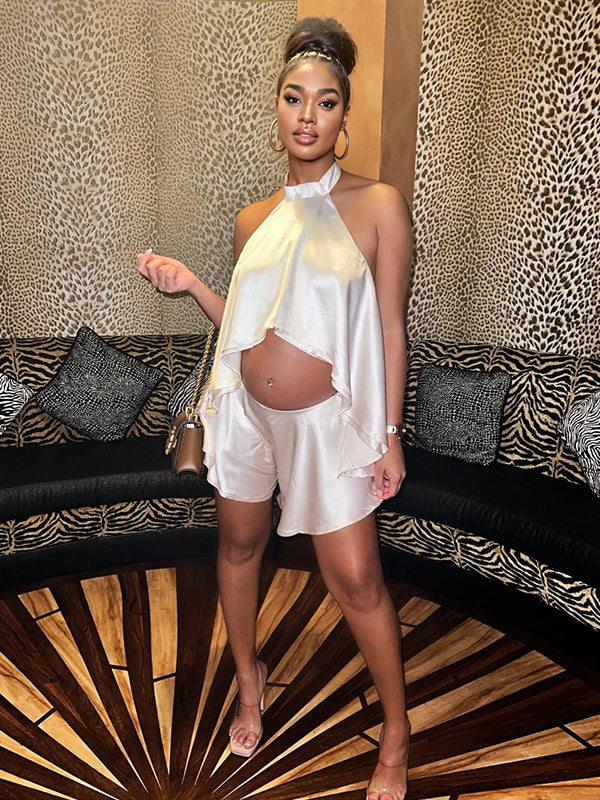 Champagne Satin Cut Out Backless Halter Neck Crop Top And Shorts Chic Going Out Maternity Vacation Jumpsuit