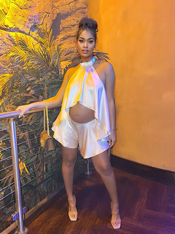 Champagne Satin Cut Out Backless Halter Neck Crop Top And Shorts Chic Going Out Maternity Vacation Jumpsuit