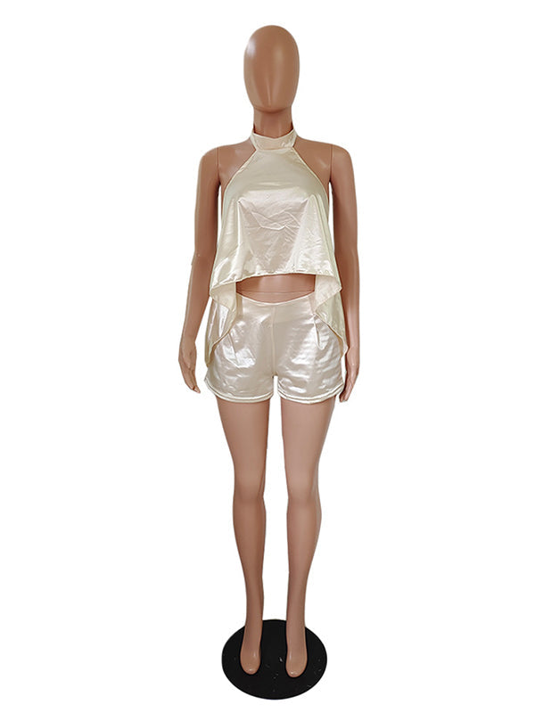 Champagne Satin Cut Out Backless Halter Neck Crop Top And Shorts Chic Going Out Maternity Vacation Jumpsuit