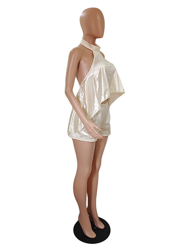 Champagne Satin Cut Out Backless Halter Neck Crop Top And Shorts Chic Going Out Maternity Vacation Jumpsuit