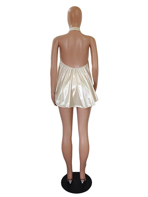 Champagne Satin Cut Out Backless Halter Neck Crop Top And Shorts Chic Going Out Maternity Vacation Jumpsuit
