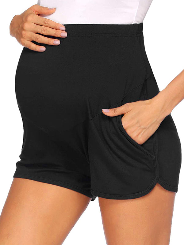 Solid Color Over The Belly Side Slits Pockets High Waisted Workout Cozy Pants Casual Maternity Shorts