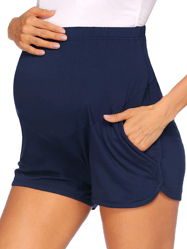 Solid Color Over The Belly Side Slits Pockets High Waisted Workout Cozy Pants Casual Maternity Shorts